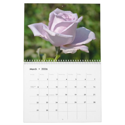 Calendrier des fleurs rose 2026 (Mar 2026)