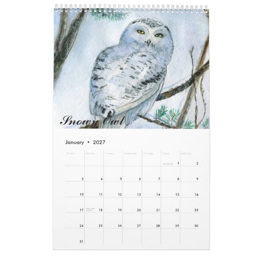 Calendrier des peintures des chouettes aquarelles (Jan 2027)