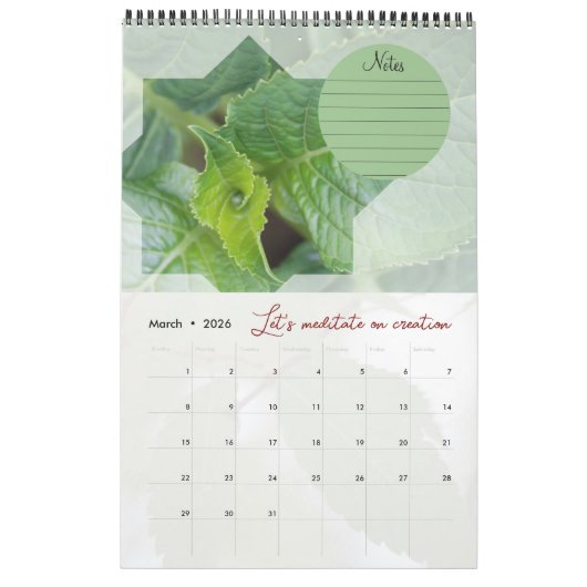 Calendrier Dieu méditation jardin : étoile & notes (Mar 2026)