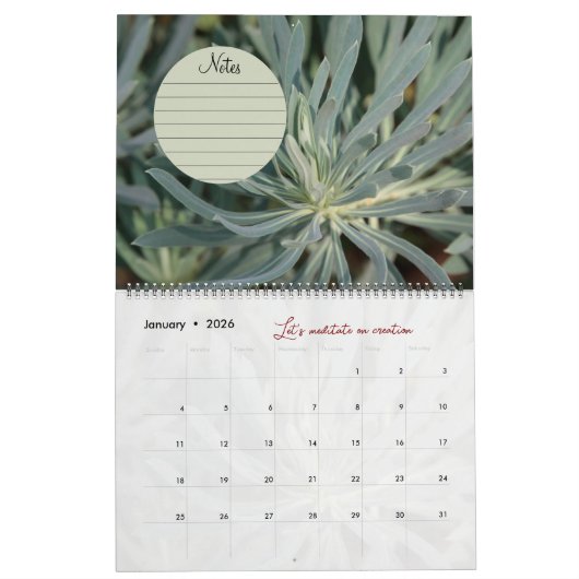 Calendrier Dieu méditation photos jardin : notes (Jan 2026)