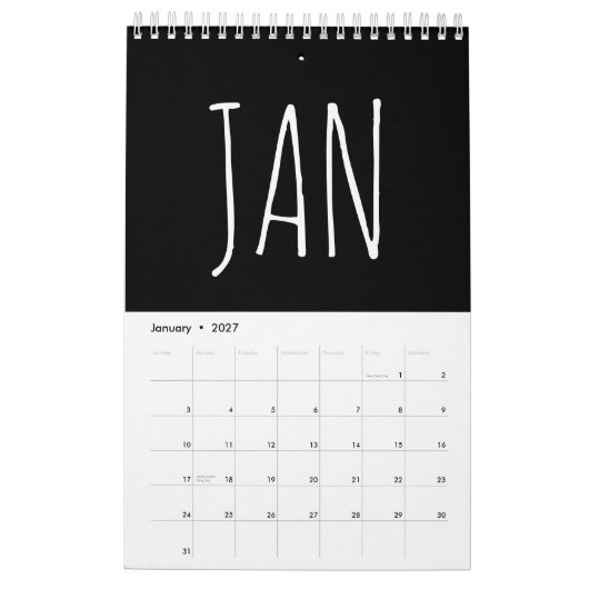 Calendrier Écriture calligraphique en noir et blanc (Jan 2027)