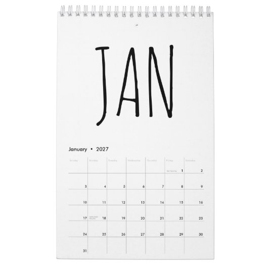 Calendrier Écriture simple en noir et blanc (Jan 2027)