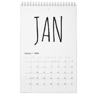 Calendrier Écriture simple en noir et blanc 2026