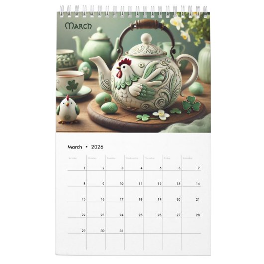 Calendrier Elegant 2026 Pretty Chicken Teapots Calendar - Fun (Mar 2026)