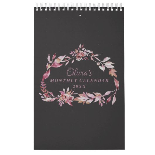 Calendrier Élégant Mauve rose Floral Modèle Mois Planificateu (Protection)