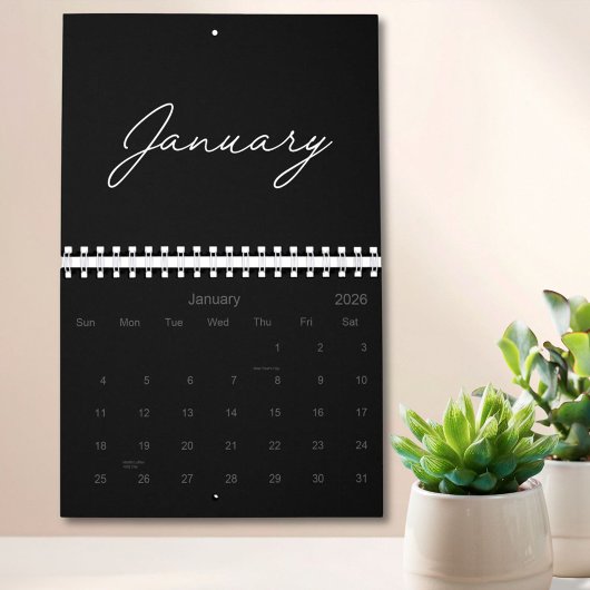 Calendrier Élégant Moderne Noir et Blanc Script 2027