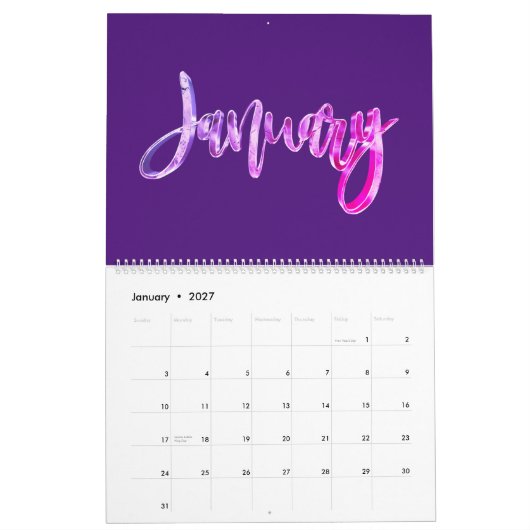 Calendrier Élégant Pink Purple Typographie Script Moderne (Jan 2027)