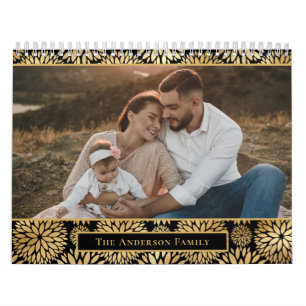 Calendrier Élégante famille de photos Black Gold Foil Floral