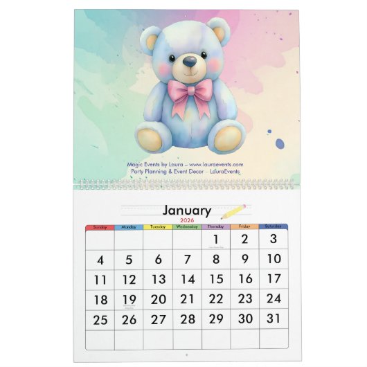 Calendrier Enfants Planificateur de fête Pastel Teddy Bear Co (Jan 2026)
