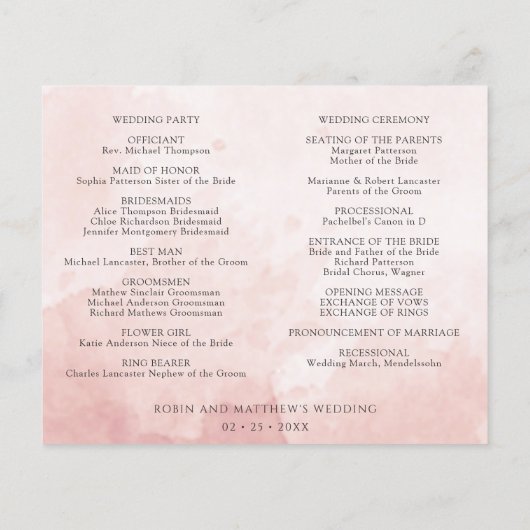 Calendrier et programme de mariage rose pêche et v (Dos)