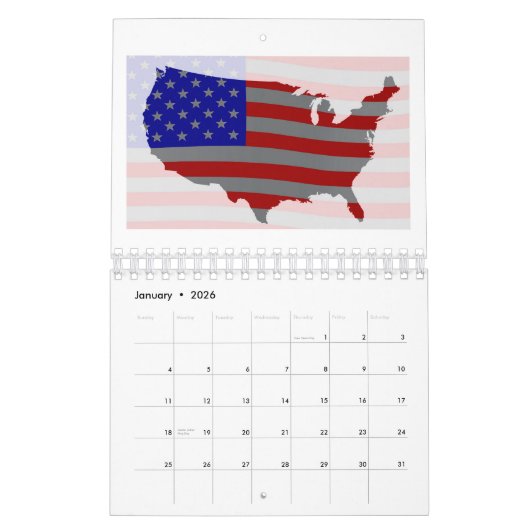 Calendrier Etats-Unis Carte Silhouette Et Drapeau (Jan 2026)