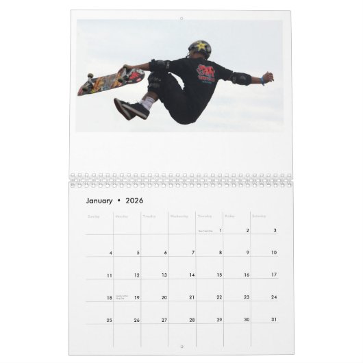 Calendrier faisant de la planche à roulettes, (Jan 2026)