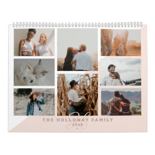 Calendrier Famille rose monogramme nom blush 20 photo collage