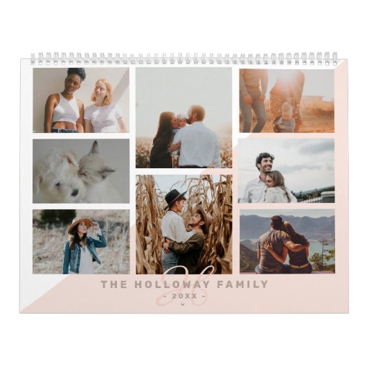 Calendrier Famille rose monogramme nom blush 20 photo collage (Protection)