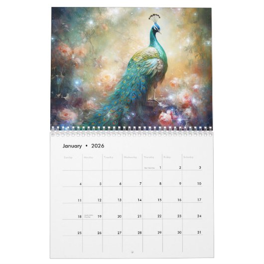Calendrier Fantasy Peacocks in Abstract Style (Jan 2026)