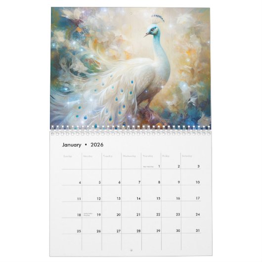 Calendrier Fantasy White Peacocks in Abstract Style (Jan 2026)