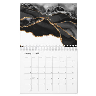 Calendrier Fausse Agate Marbrée Noir Pierre Élégante Luxe Or