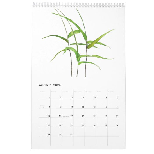 Calendrier feuille vert aquarelle calender 2024 (Mar 2026)