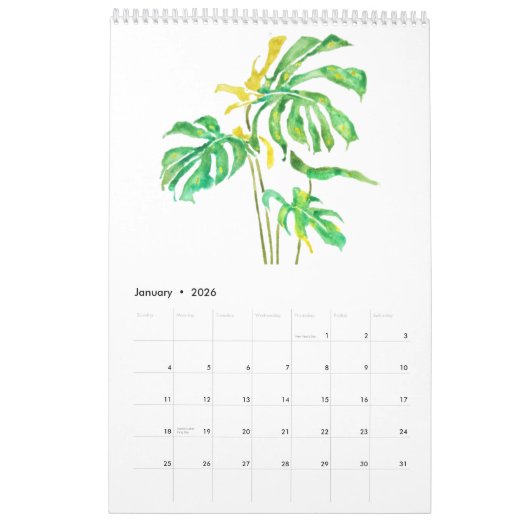Calendrier feuille vert aquarelle calender 2024 (Jan 2026)