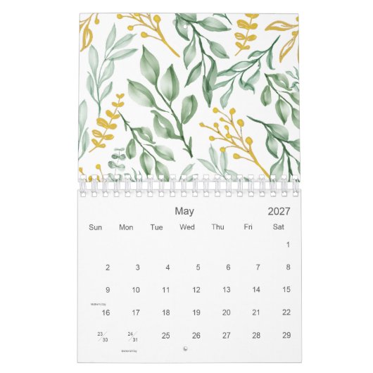 Calendrier Feuilles verts et Floral jaune doré 2026 (Mai 2027)
