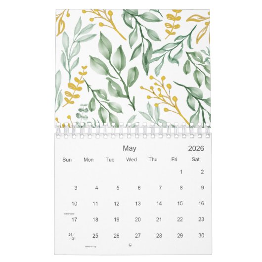 Calendrier Feuilles verts et Floral jaune doré 2026 (Mai 2026)