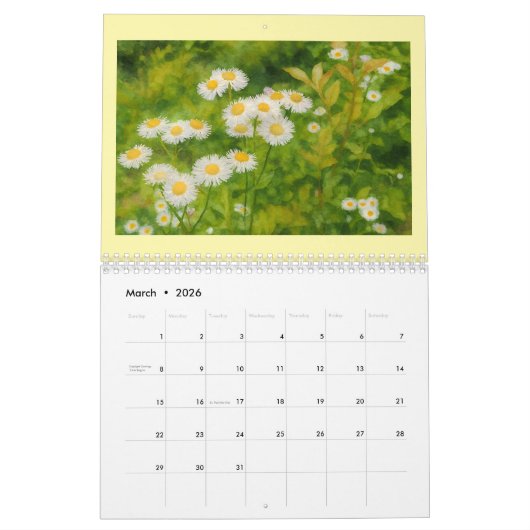 Calendrier Fleurs aquarelles 2026 (Mar 2026)