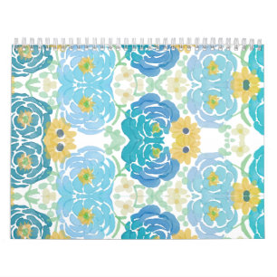 Calendrier Fleurs aquarelles bleues et jaunes