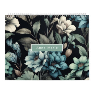 Calendrier Floral moderne bleu noir girly élégant élégant