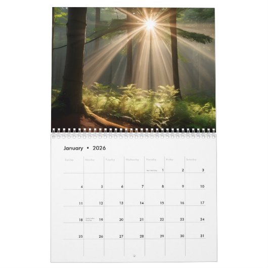 Calendrier Forêt d'automne avec poutres de soleil (Jan 2026)
