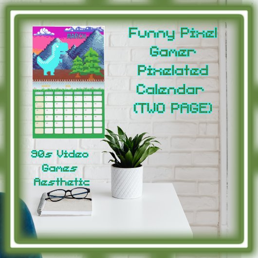 Calendrier Funny Pixel Gamer Pixelated- Dinosaur Illustration