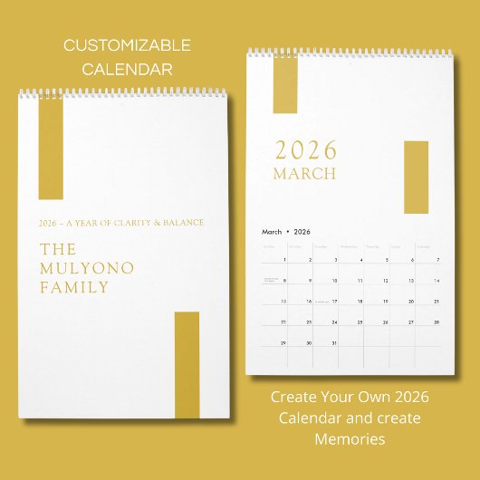 Calendrier Gold Minimalist Modern 2026 Wall Calendar