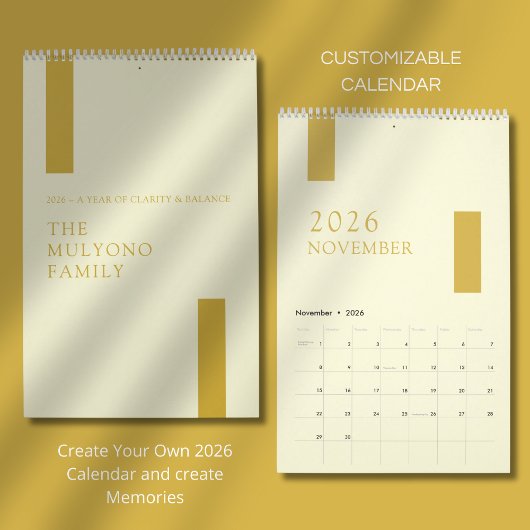 Calendrier Gold Minimalist Modern 2026 Wall Calendar