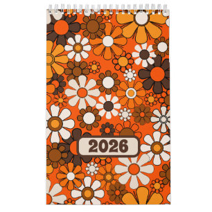 Calendrier Groovy Rétro Années 70 Floral 2027 Marron et Orang