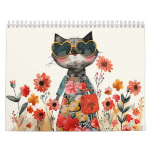 Calendrier Illustrations de chats à l'aquarelle Félin fantais