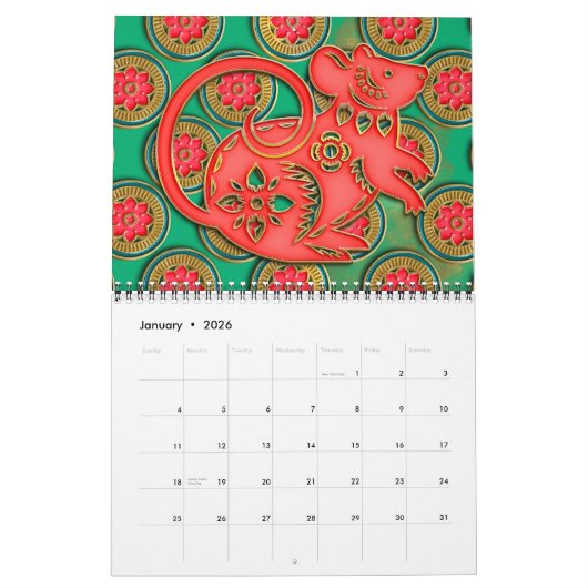 Calendrier Jade Green Red Gold Signes chinois Zodiac Jade (Jan 2026)