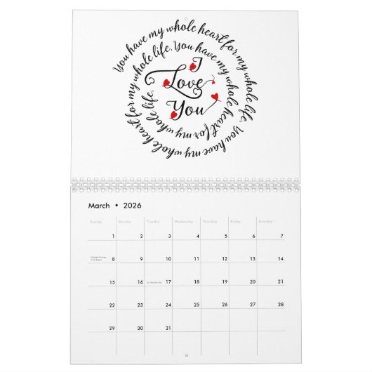 Calendrier Je T'Aime... Une Année D'Expressions Amoureuses (Mar 2026)