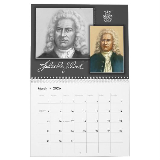 Calendrier Johann Sebastian Bach Avec Ses Signatures, 2026 (Mar 2026)