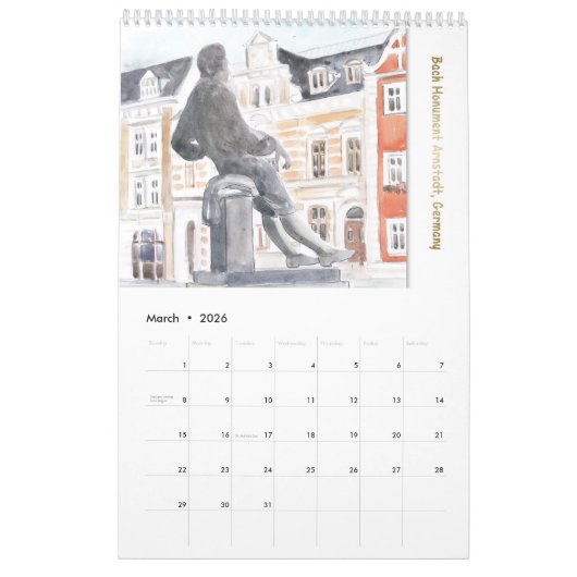 Calendrier Johann Sebastian Bach Monuments, Style Aquarelle (Mar 2026)