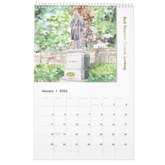Calendrier Johann Sebastian Bach Monuments, Style Aquarelle (Jan 2026)