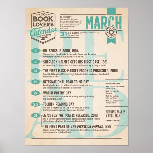 Calendrier Littéraire Mars Affiche (Devant)