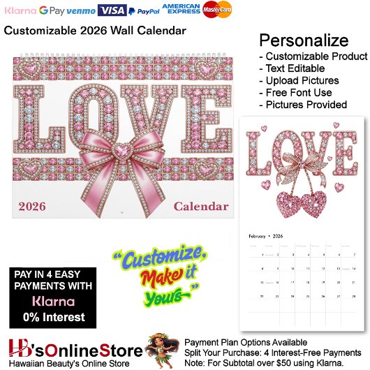 Calendrier Love & Hearts Theme 12 Month 2026 Wall