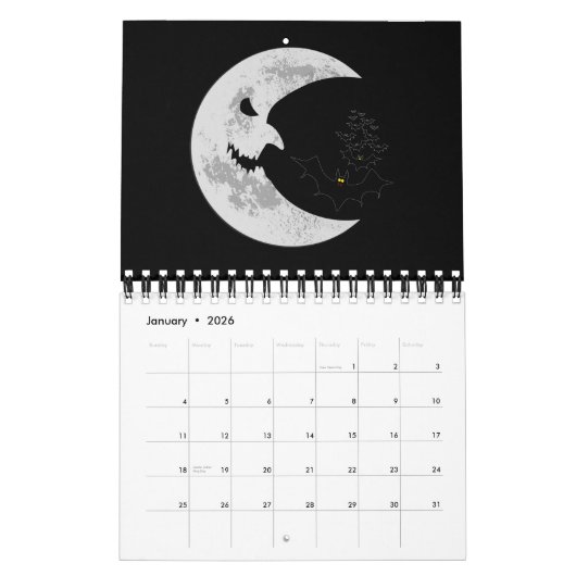 Calendrier Lune effrayante et chauves-souris (Jan 2026)