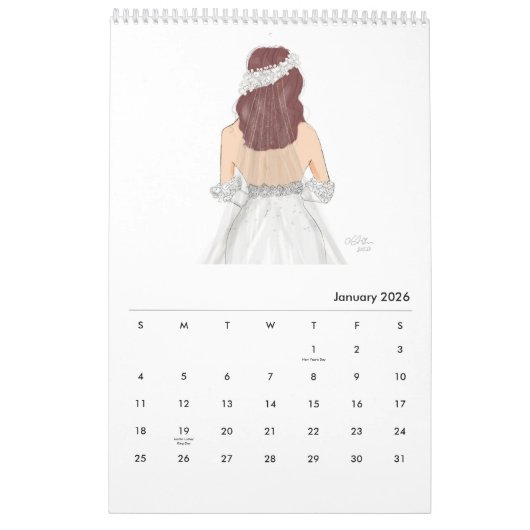Calendrier Mariées, illustration de mode, mariage (Jan 2026)