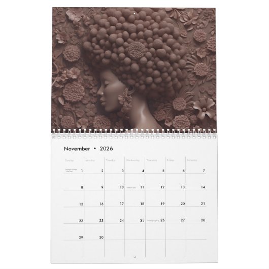 Calendrier Melanin noir fleur de Sista boucles afro femmes (Nov 2026)