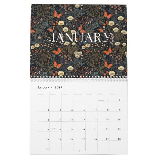 Calendrier mensuel Cottagecore (Jan 2027)