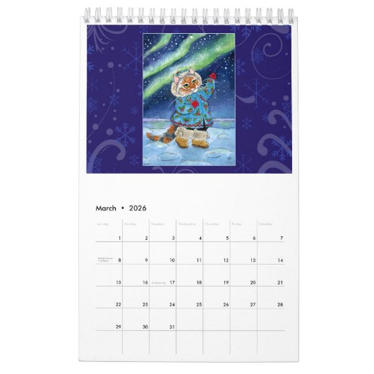 Calendrier mignon d'illustrations d'art de chat (Mar 2026)