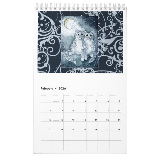 Calendrier mignon d'illustrations d'art de chat (Feb 2026)