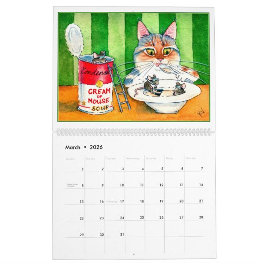 Calendrier mignon d'illustrations de chat (Mar 2026)