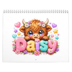 Calendrier Mignon Kawaii Daisy Highland Cow Nom Rose Pastel F