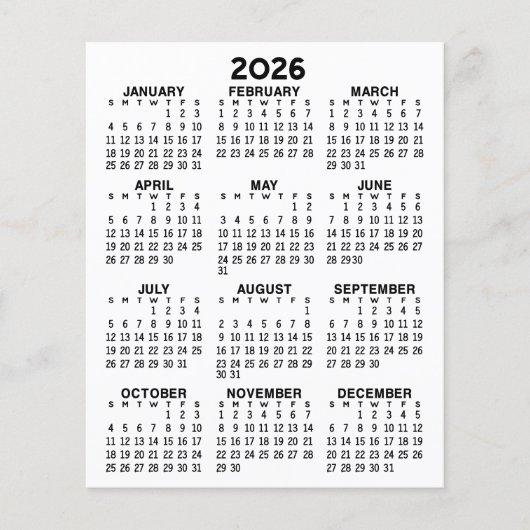 Calendrier Mini année complète Voir feuille plat (Devant)